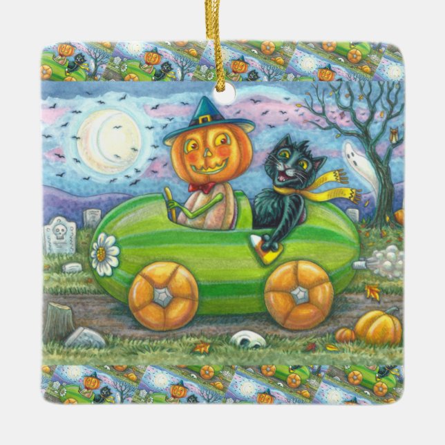 ORNEMENT EN CÉRAMIQUE HALLOWEEN ROAD TRIP, JACK ET CHAT NOIR AMIS (Devant)