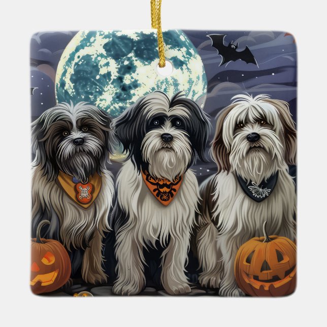 Ornement En Céramique Halloween Tibétain Terrier Éffrayant (Devant)