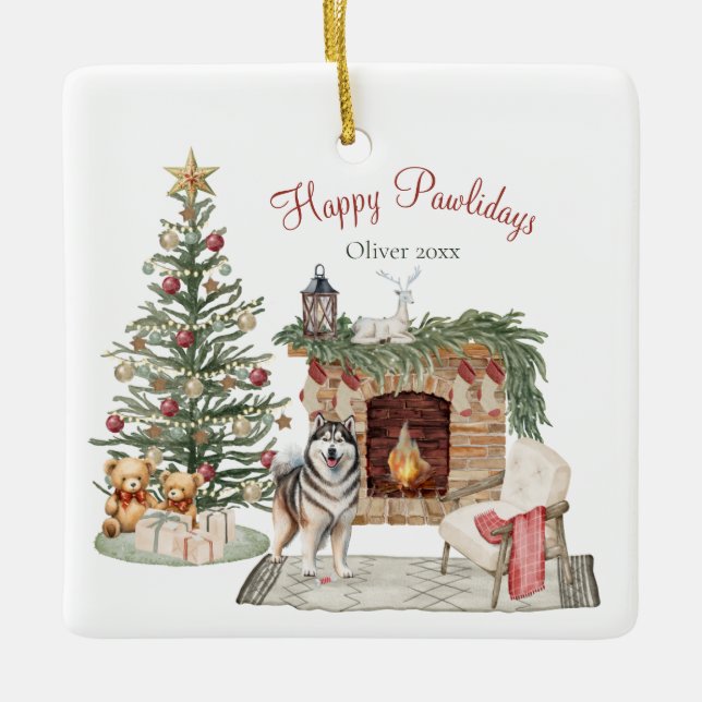 Ornement En Céramique Happy Pawlidays Chien Design - Malamute d'Alaska (Devant)