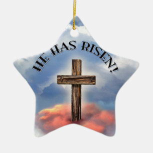 Ornement En Céramique Has Risen Rugged Cross With Clouds