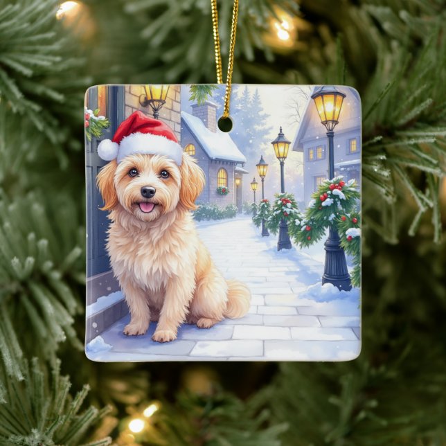 Ornement En Céramique Havanese Snowy Village Walk Santa Hat Christmas (Arbre)