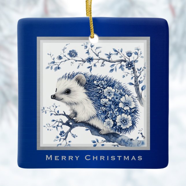 Ornement En Céramique Hérisson Chinoiserie Toile Bleue Fleur Noël (Créateur téléchargé)