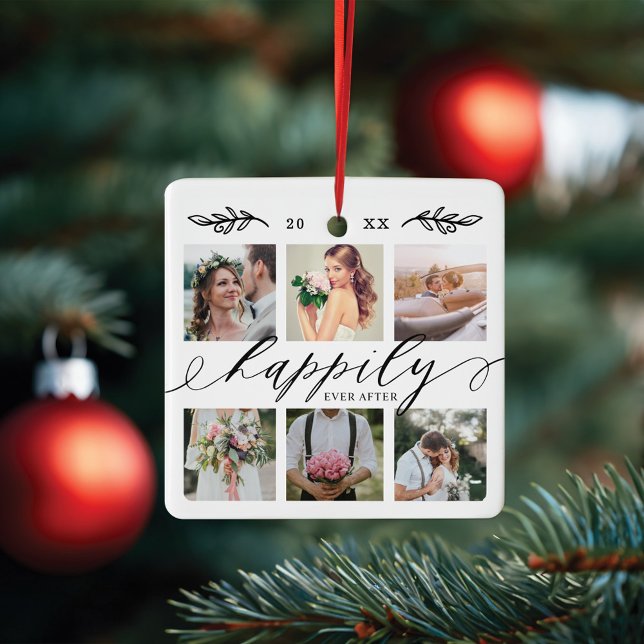 Ornement En Céramique Heureusement que jamais après les jeunes mariés Ma (Happily Ever After Newlyweds Wedding Photo Collage Ceramic Ornament)