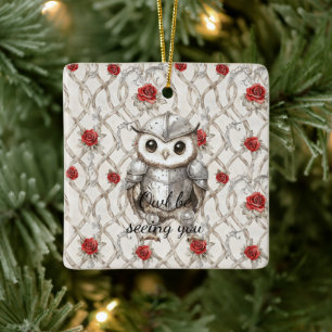Ornement En Céramique Hibou chevalier sous armure brillante Roses rouges