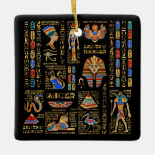 Ornement En Céramique Hiéroglyphes et divinités égyptiennes sur le noir