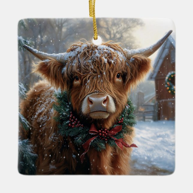 Ornement En Céramique Highland Cow Rustic Barnyard Noël (Devant)