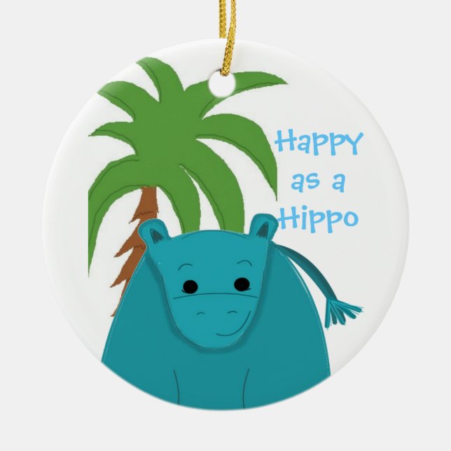 Ornement En Céramique Hippopotame bleu avec un palmier (Devant)