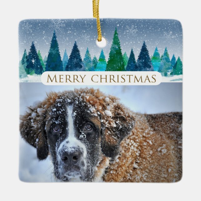 Ornement En Céramique Hiver Arbres Custom Chien Photo Joyeux Noël (Devant)