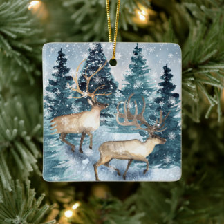 Ornement En Céramique Hiver bleu avec les cerfs