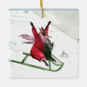 Ornement En Céramique Hiver Joy Fox Rabbit Tobogganing vacances