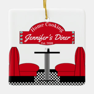 Ornement En Céramique Home Cooking Name Chef Diner Retro Square