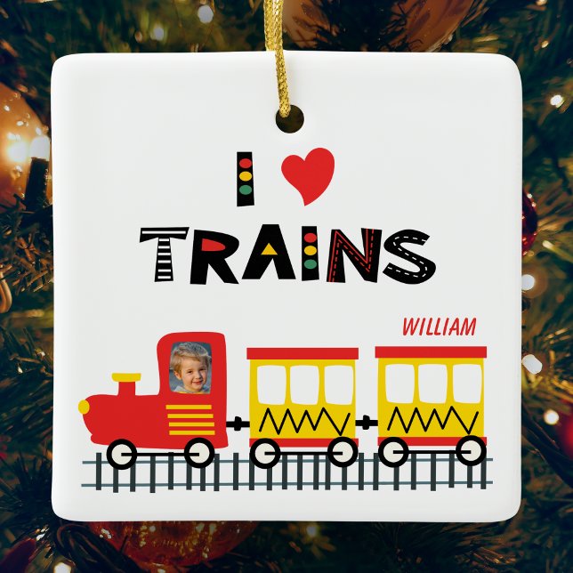 Ornement En Céramique I Love Trains Enfants Photo et nom Noël (Créateur téléchargé)