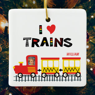 Ornement En Céramique I Love Trains Kids Photo and Name Christmas