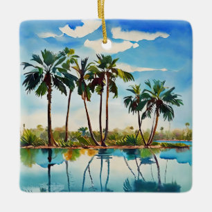 Ornement En Céramique Île tropicale des Caraïbes Palmiers Aquarelle v1