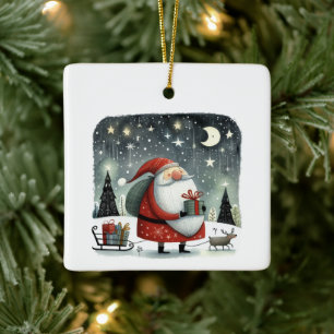 Ornement En Céramique Illustration lunaire Père Noël avec cadeaux