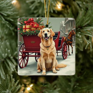 Ornement En Céramique Illustration vintage de Golden Retriever de Noël e
