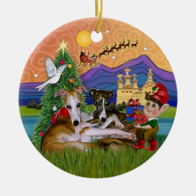 Ornement En Céramique Imaginaire de Noël - Deux Whippets (Devant)
