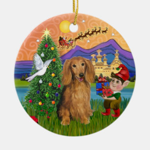 Ornement En Céramique Imaginaire de Noël - Long Haired Sable Dachshund