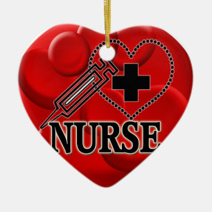 ORNEMENT EN CÉRAMIQUE INFIRMIÈRE CELLULES SANGUINES SYRINGE HEART LOGO
