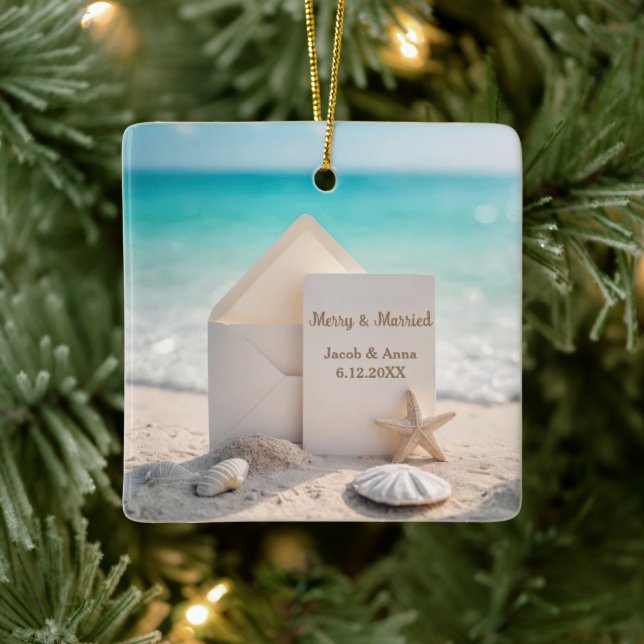 Ornement En Céramique Invitation De Mariage De Plage Avec Starfish (Arbre)