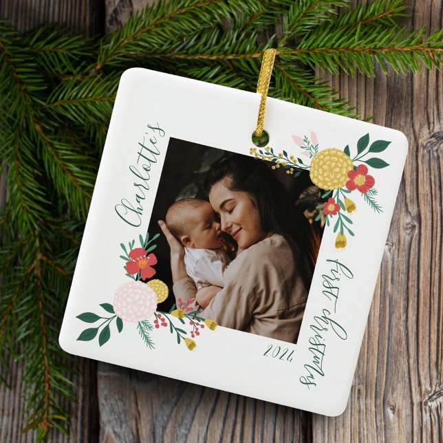 Ornement En Céramique Jardin botanique Floral Elégant cadre photo Blanc (Botanical Floral Garden Elegant Photo Frame White Ceramic Ornament)