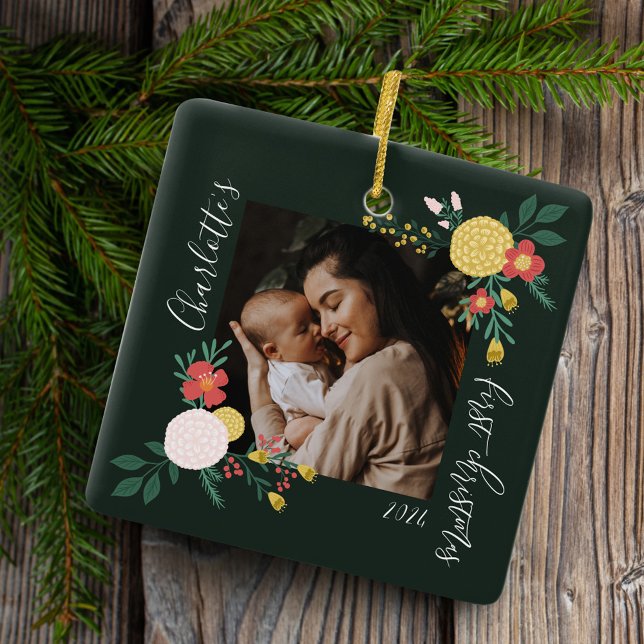 Ornement En Céramique Jardin botanique floral Elégant cadre photo vert (Botanical Floral Garden Elegant Photo Frame Green Ceramic Ornament)