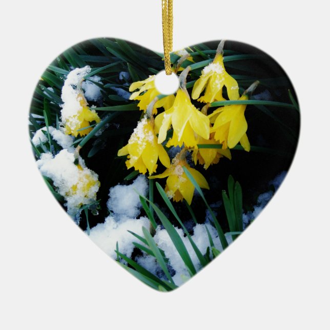 Ornement En Céramique Jaune Daffodils fleurs dans la neige (Devant)
