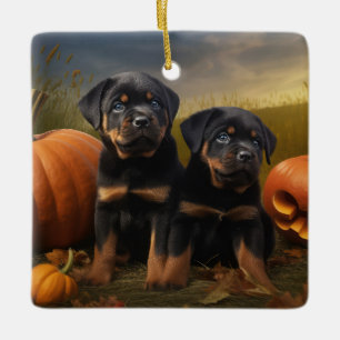 Ornement En Céramique Jeune Rottweiler Automne Délice Citrouille