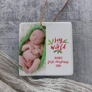 Ornement En Céramique Joie d'aquarelle Noël du bébé du monde à premier
