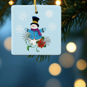 Ornement En Céramique Joli Bonhomme de Neige Bleu d'Hiver Poinsettia Noë