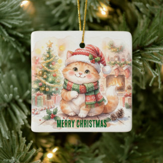 Ornement En Céramique Joli Chat de Noël