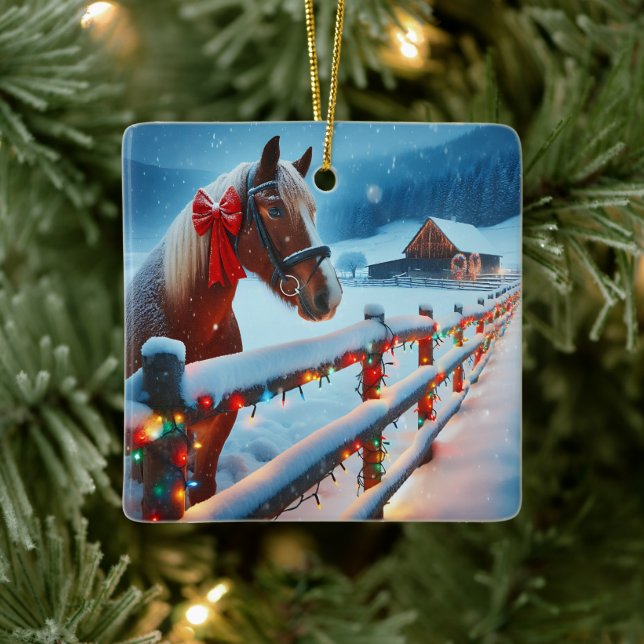 Ornement En Céramique Joli Cheval Brown avec Bow Noël Personnalisé (Arbre)