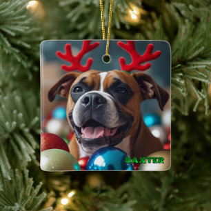 Ornement En Céramique Joli chien de boîte de Noël personnalisé