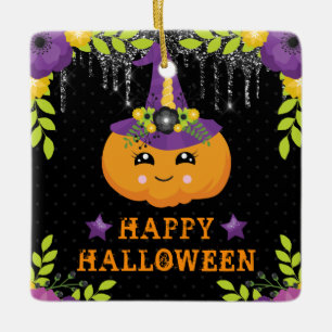 Ornement En Céramique Joli Citrouille Floral Joyeux Halloween