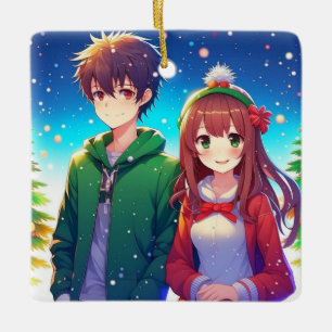 Ornement En Céramique Joli couple d'anime pour Noël