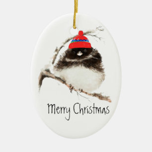 Ornement En Céramique Joli oiseau d'hiver en Casquette, Noël, Humour, Ju