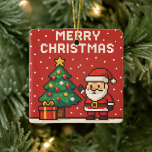 Ornement En Céramique Joli Père Noël en pixel art