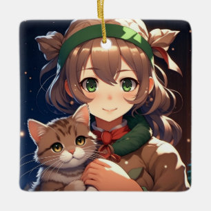Ornement En Céramique Jolie Fille d'Anime Tenant un Chaton Noël