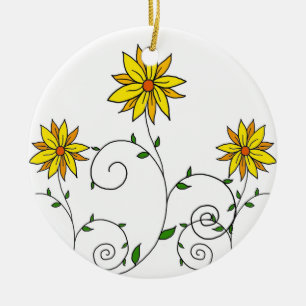 Ornement En Céramique Jolies fleurs jaunes fantaisistes en art doodle