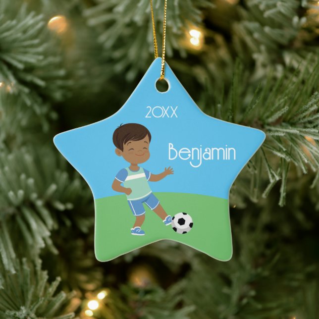 Ornement En Céramique Jote Black Boy Soccer Noël personnalisé (Arbre)