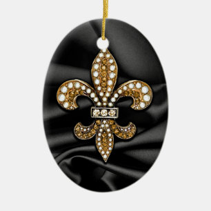 Ornement En Céramique Joyau en satin noir d'or Fleur de Lis