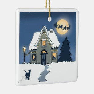 Ornement En Céramique Joyeuse Maison de Noël avec Chat et Père Noël