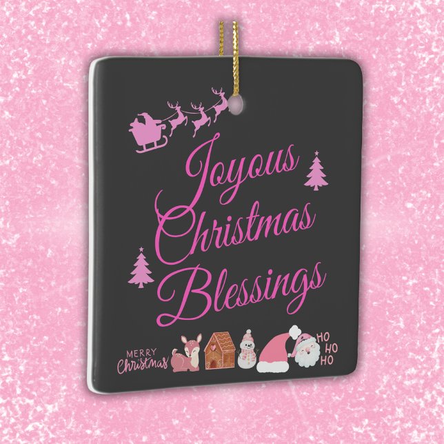 Ornement En Céramique Joyeuses Bénédictions de Noël rose sur charbon | (Créateur téléchargé)