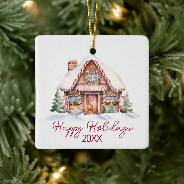Ornement En Céramique Joyeuses Fêtes Maison en pain d'épices (Arbre)