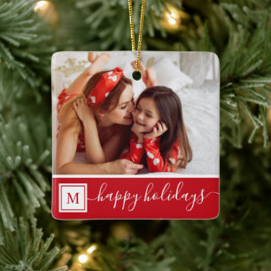 Ornement En Céramique Joyeuses Fêtes Monogramme Moderne Rouge Photo Pers