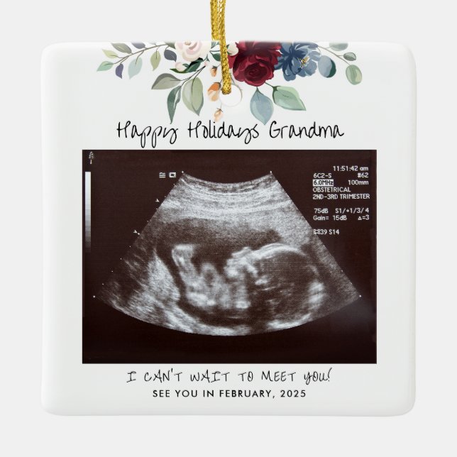 Ornement En Céramique Joyeuses vacances Grand-mère Grossesse Sonogramme  (Devant)
