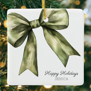 Ornement En Céramique Joyeuses Vacances Vert Aquarelle Bow Noël
