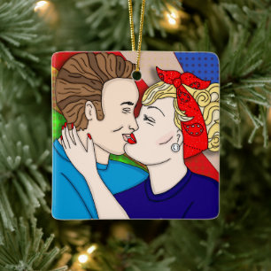 Ornement En Céramique Joyeux amoureux de Noël Couple rétro Kissing