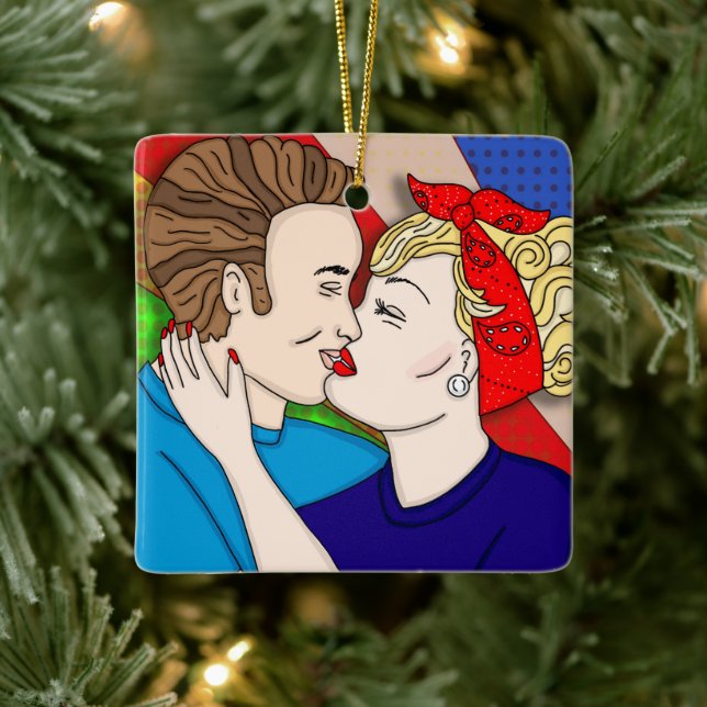 Ornement En Céramique Joyeux amoureux de Noël | Couple rétro Kissing (Arbre)
