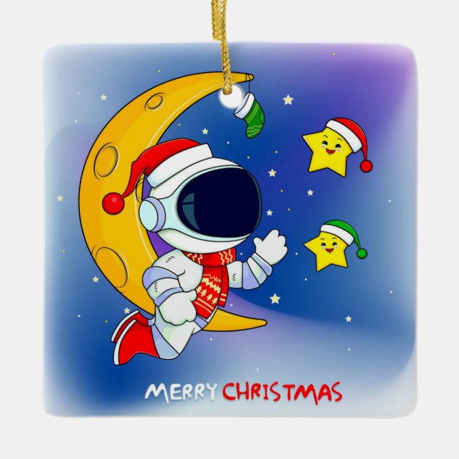 Ornement En Céramique Joyeux astronaute de Noël et Lune (Devant)